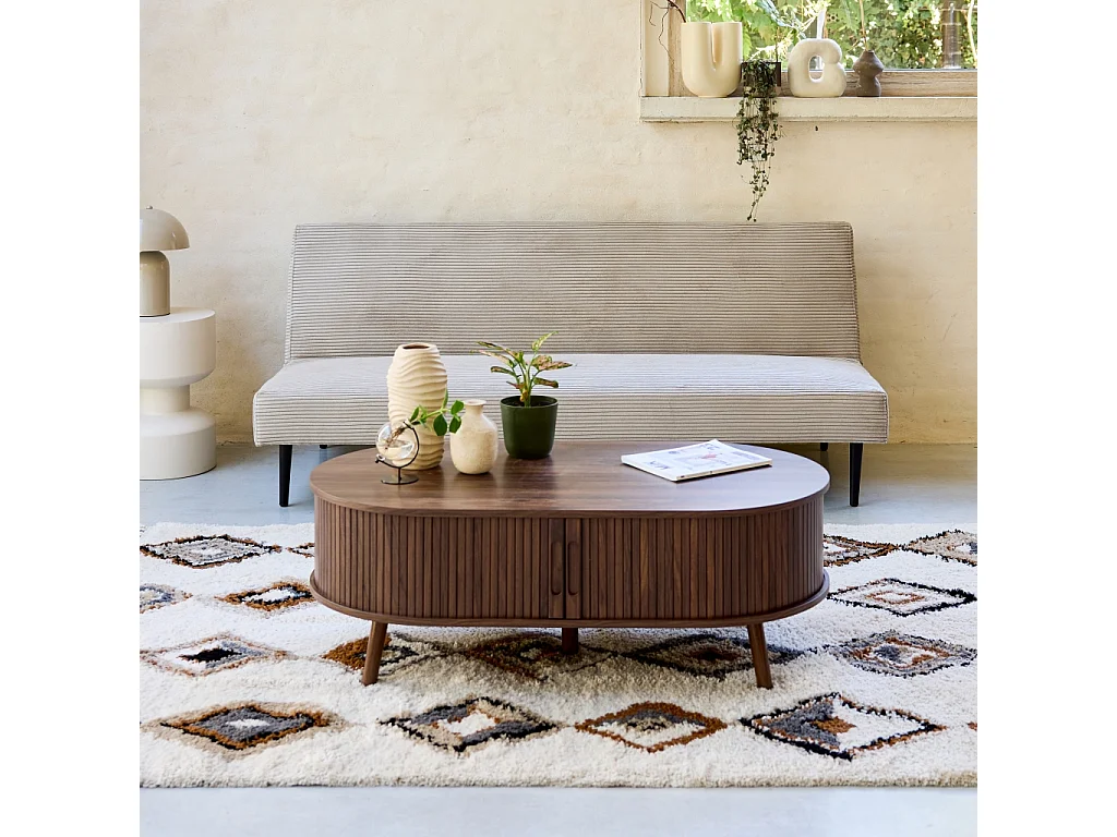 Canapé banquette convertible 3 places velours côtelé greige piétement métal L 180 x P 100 x H 74.5 cm - Max