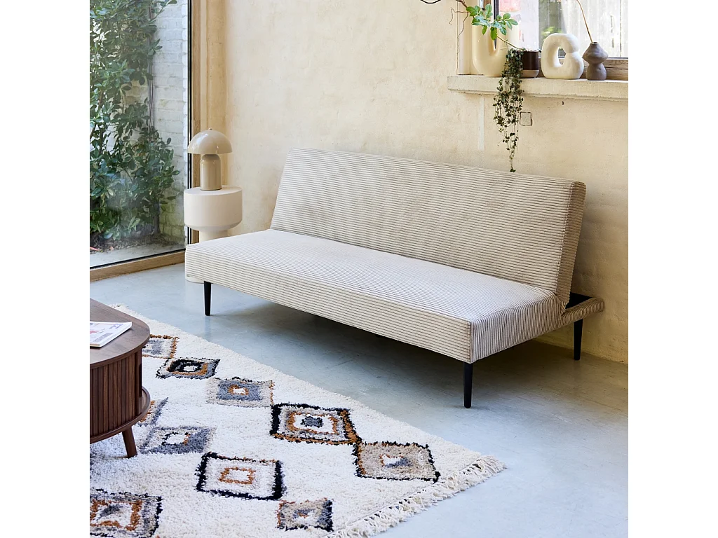 Canapé banquette convertible 3 places velours côtelé greige piétement métal L 180 x P 100 x H 74.5 cm - Max