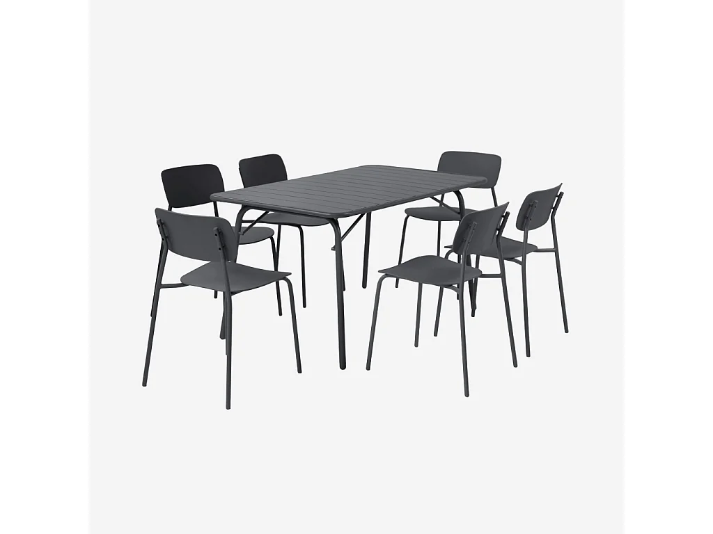 Table de jardin pliante métal + 6 assises anthracite. Amelia + Liva 141.2 x 80 x 72.5cm