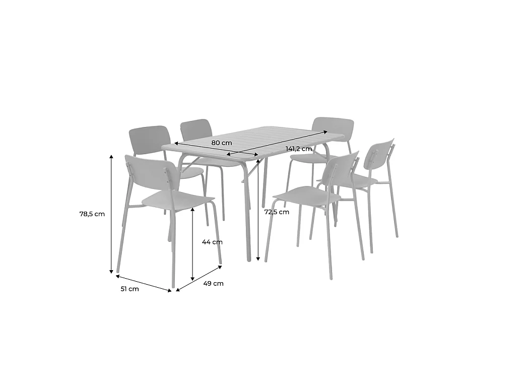 Table de jardin pliante métal + 6 assises anthracite. Amelia + Liva 141.2 x 80 x 72.5cm