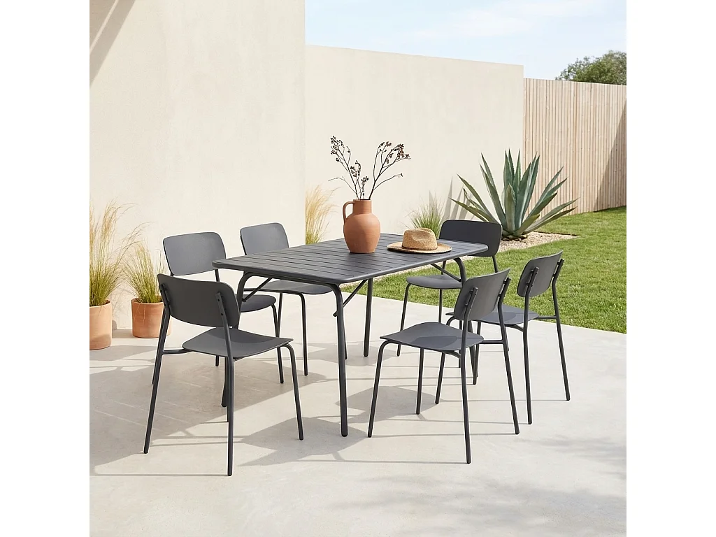 Table de jardin pliante métal + 6 assises anthracite. Amelia + Liva 141.2 x 80 x 72.5cm
