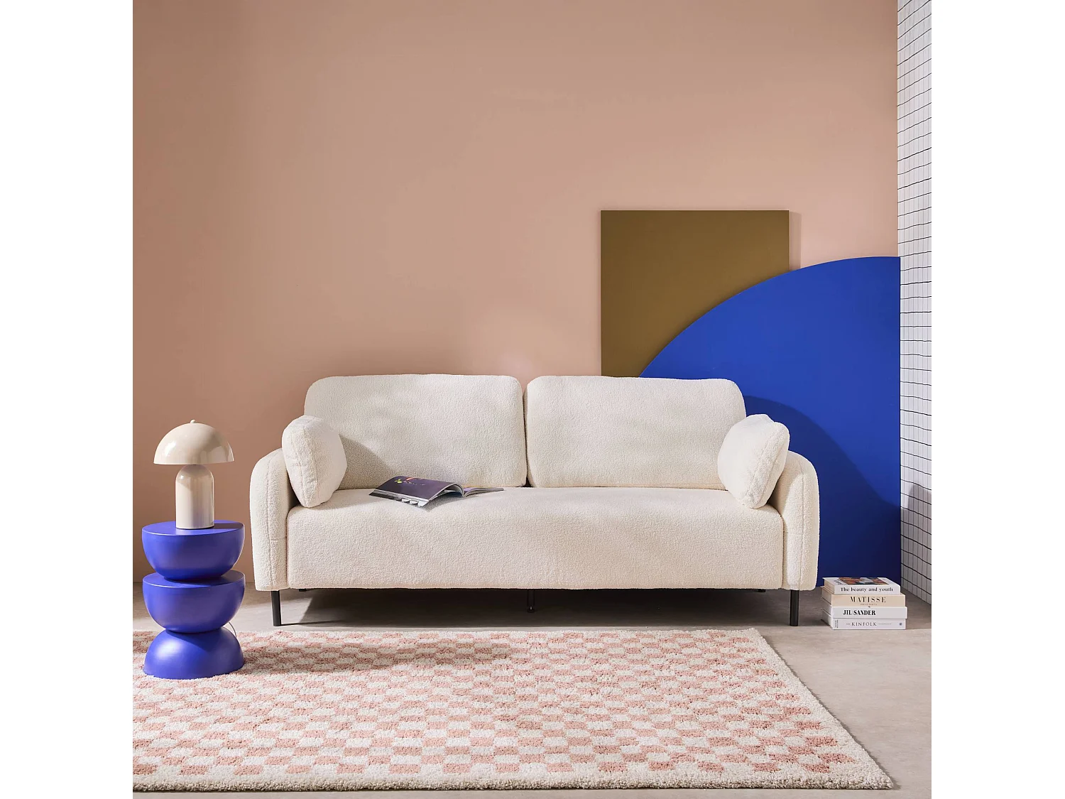 Canapé 3 places eucalyptus. bouclette crème et piétement métal Teddy