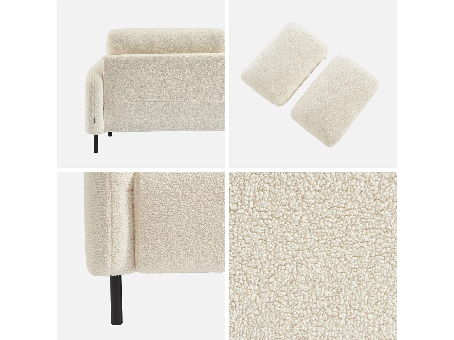 Canapé 3 places eucalyptus. bouclette crème et piétement métal Teddy