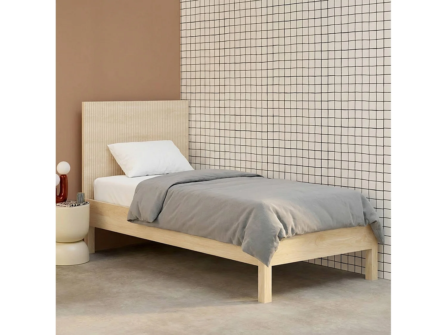 Cama con somier de láminas y cabecero 90x190cm, decoración madera