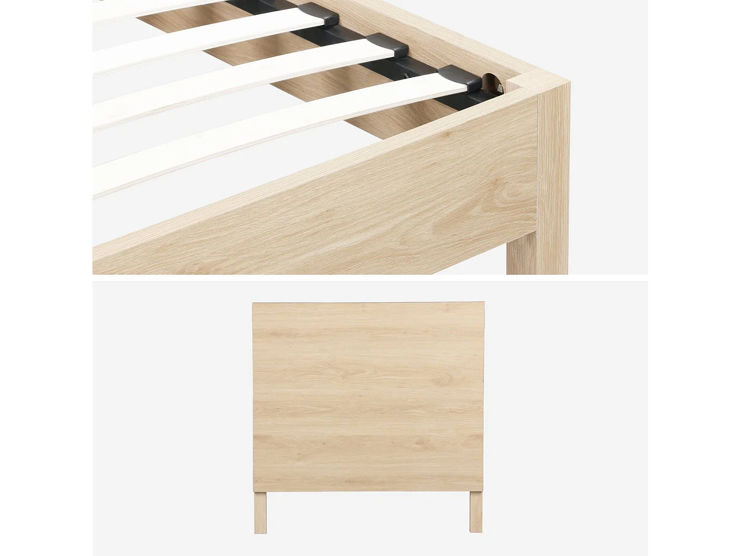 Cama con somier de láminas y cabecero 90x190cm, decoración madera