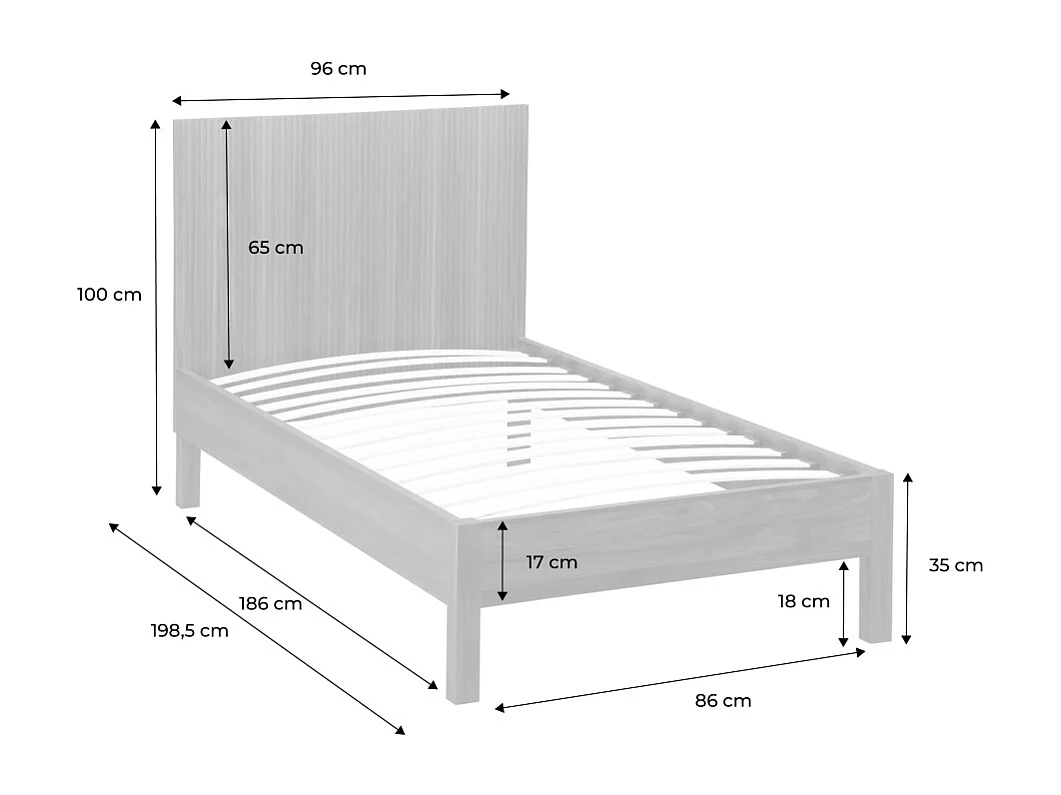 Cama con somier de láminas y cabecero 90x190cm, decoración madera