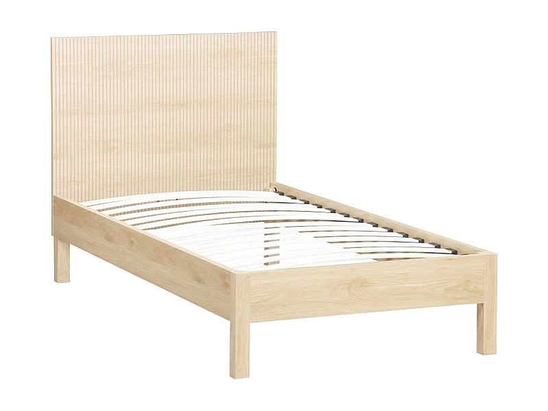 Cama con somier de láminas y cabecero 90x190cm, decoración madera