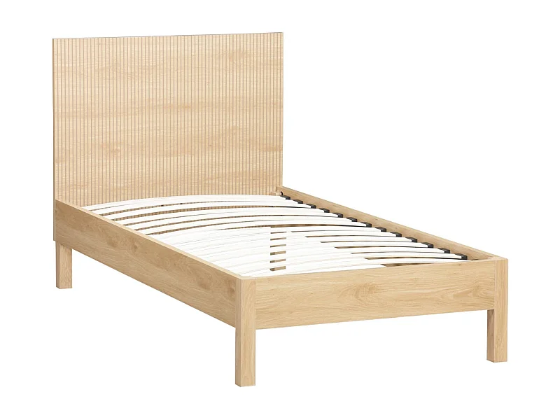 Cama con somier de láminas y cabecero 90x190cm, decoración madera