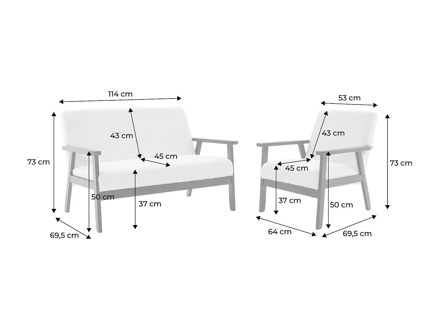 Canapé banquette 2 places et fauteuil tissu bouclette. pieds teinté noyer clair