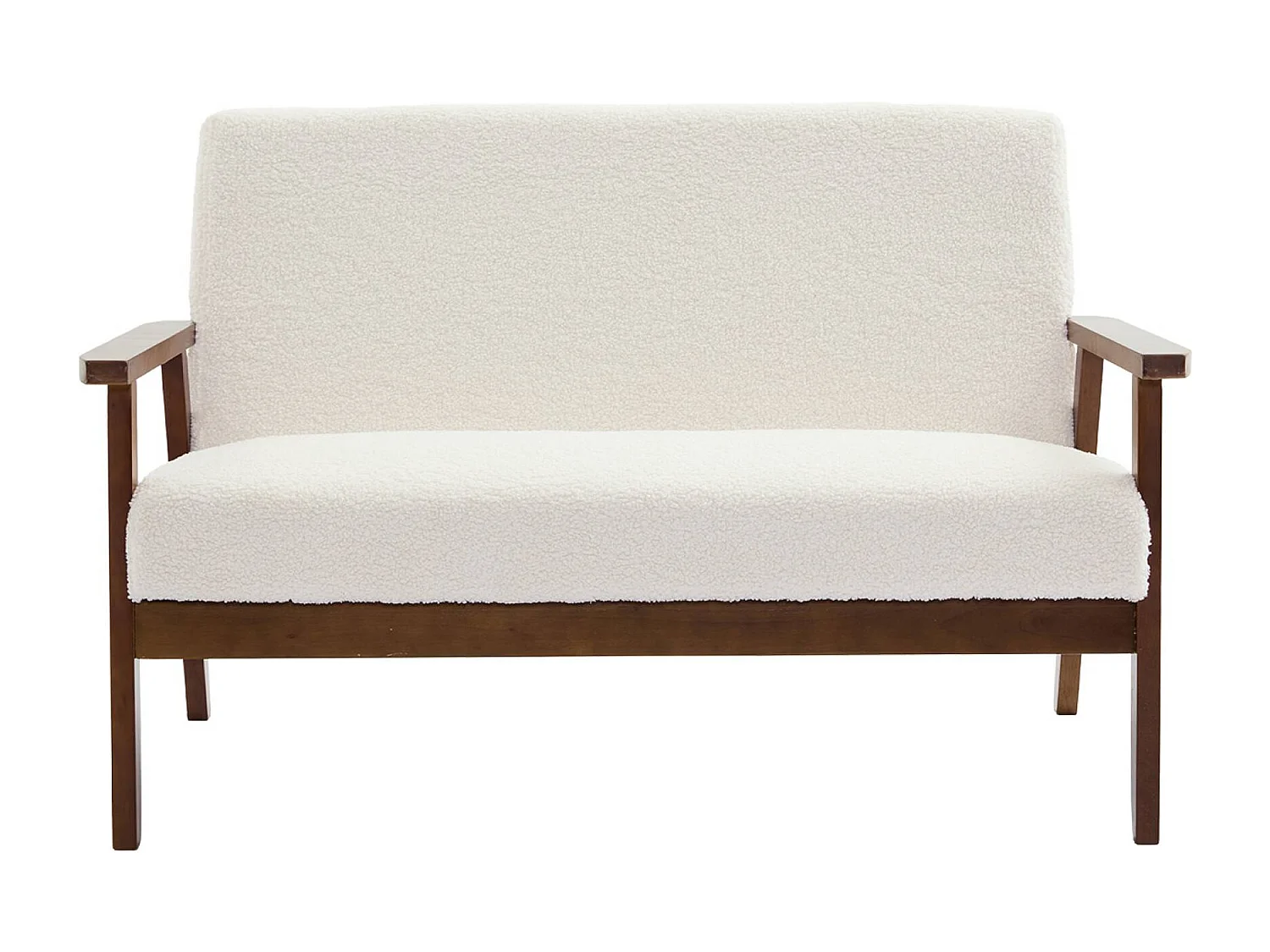 Canapé banquette 2 places et fauteuil tissu bouclette. pieds teinté noyer clair