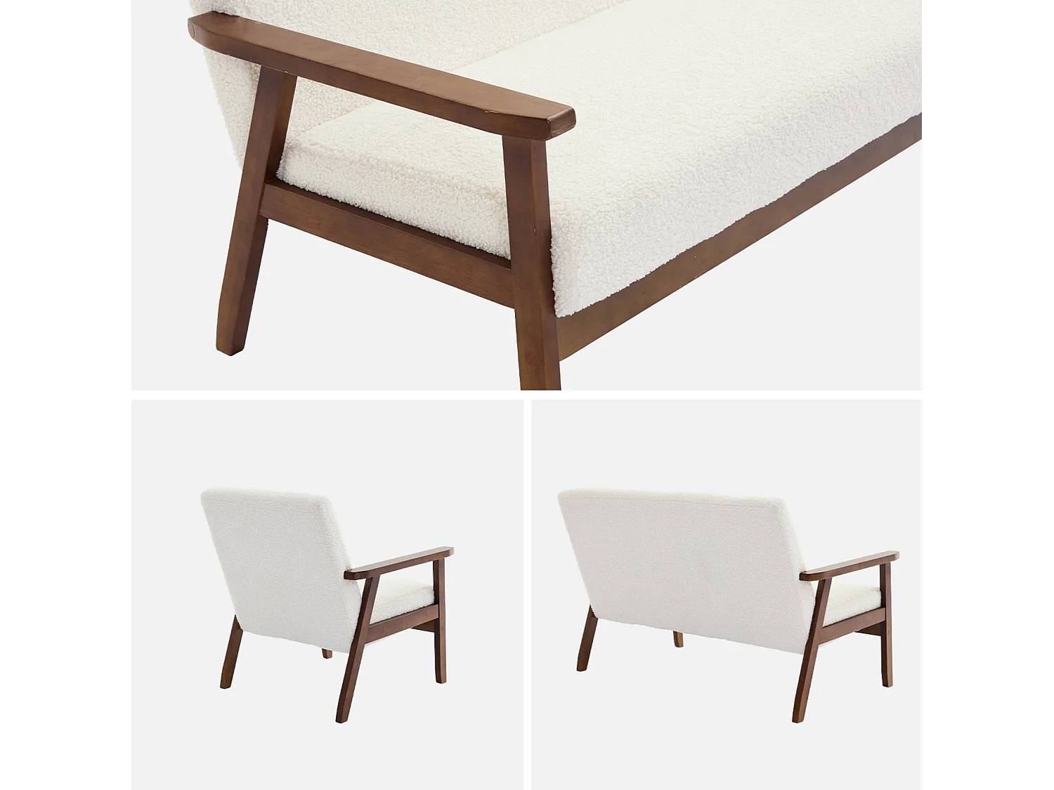 Canapé banquette 2 places et fauteuil tissu bouclette. pieds teinté noyer clair