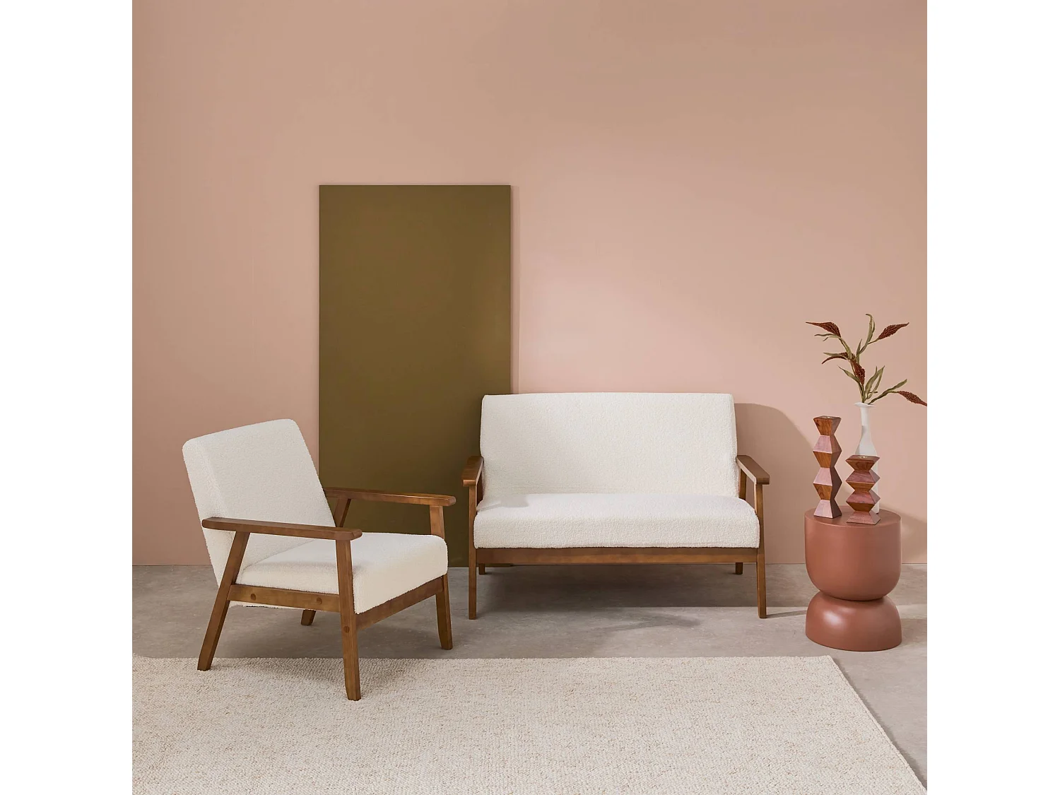 Set panca e poltrona in tessuto bouclé, 3 posti, bouclé bianco