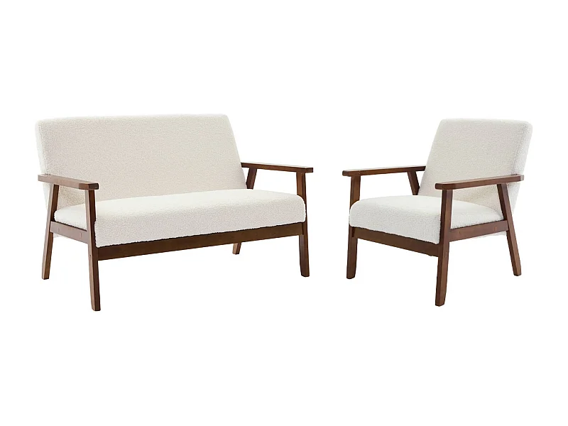 Canapé banquette 2 places et fauteuil tissu bouclette. pieds teinté noyer clair