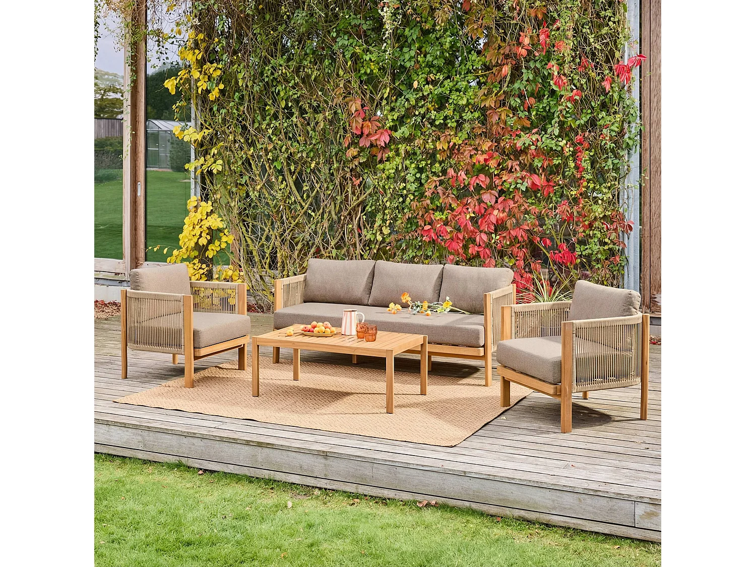 Salotto da giardino in acacia e corde, 5 posti, marrone