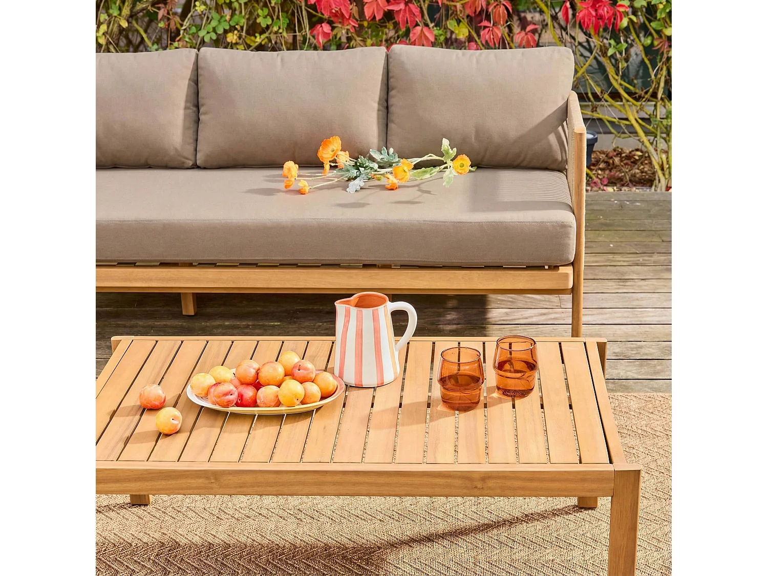 Salotto da giardino in acacia e corde, 5 posti, marrone