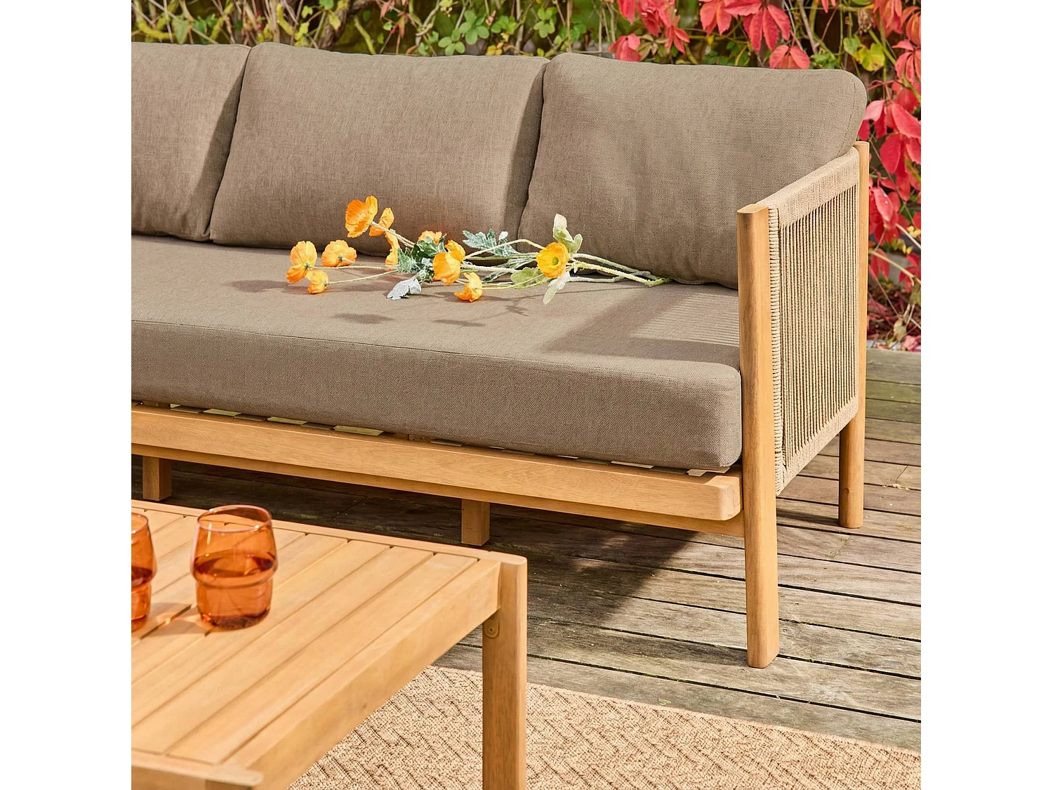 Salotto da giardino in acacia e corde, 5 posti, marrone