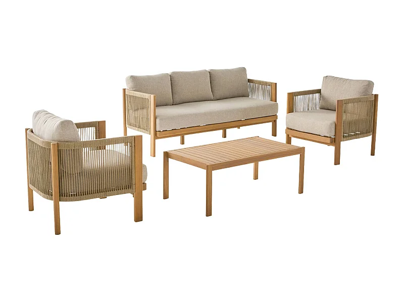 Salotto da giardino in acacia e corde, 5 posti, marrone