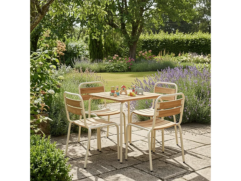 Set tavolo da giardino per bambini in acciaio e decorazione in legno