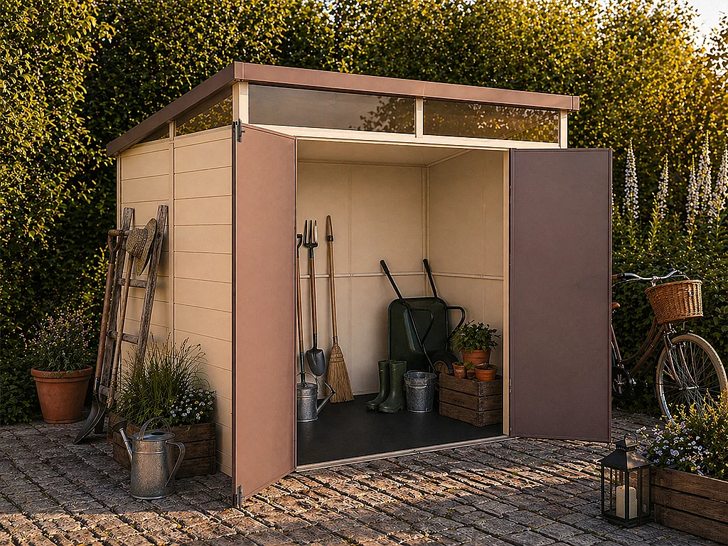 Casetta da giardino in resina beige e marrone 4,57 m² con pavimento - MINARO