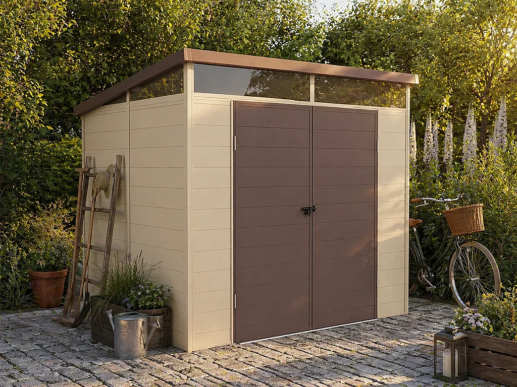 Casetta da giardino in resina beige e marrone 4,57 m² con pavimento - MINARO