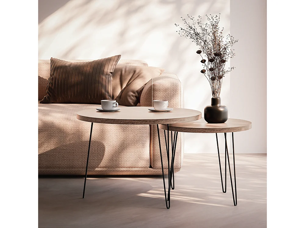 Mesa de centro redonda LAPP, juego Ø50 + Ø68 cm, roble Sonoma