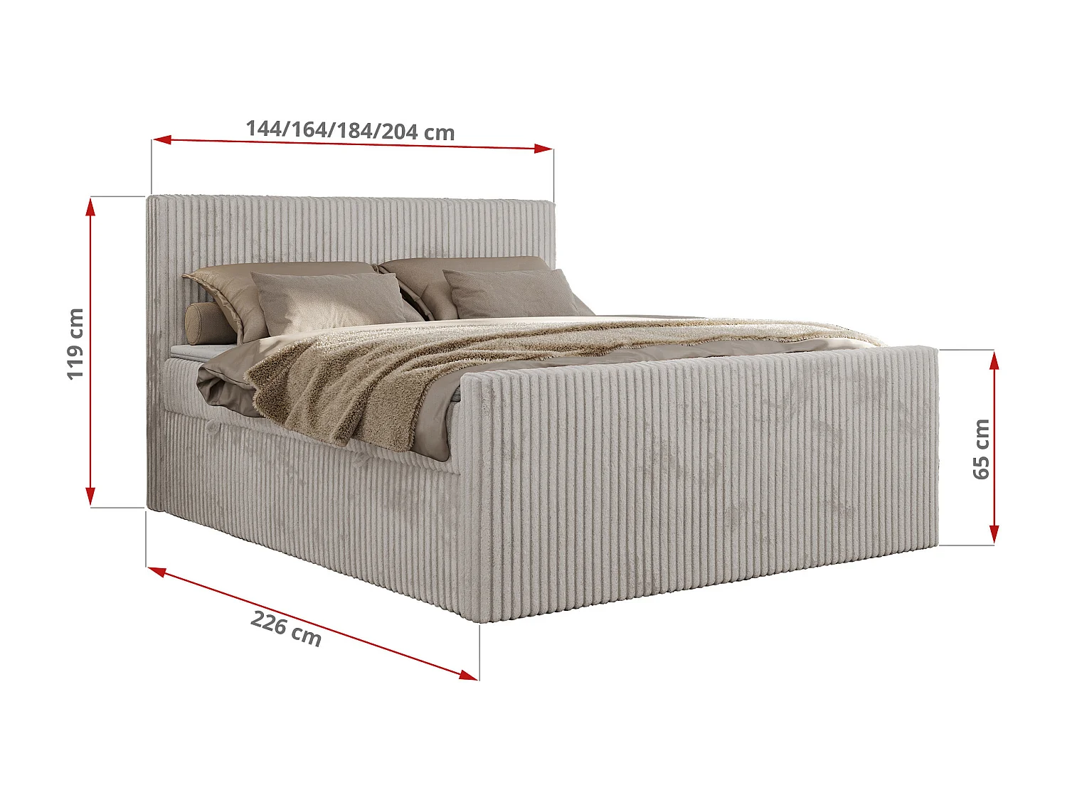 Boxspringbett TILIANO DUO mit gepolstertem Fußteil, Cord Bett, Multipocket-Matratze - 200x200 cm - H4 - Hellgrau Cord
