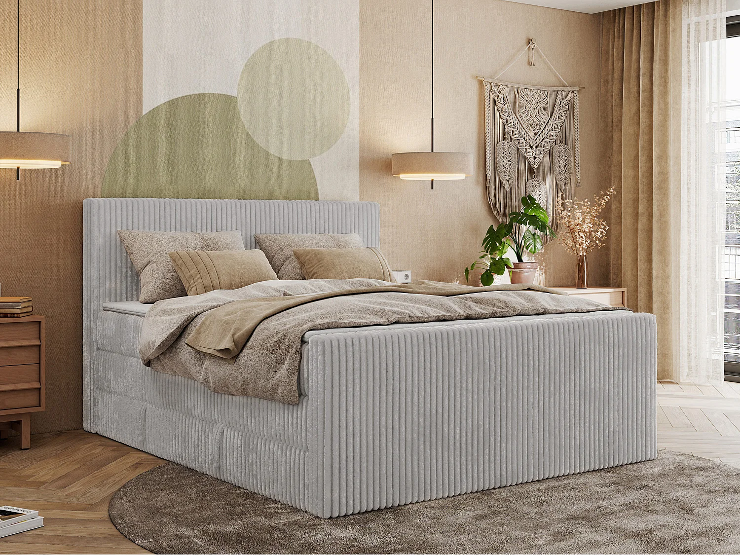 Boxspringbett TILIANO KING DUO, mit zwei Bettkästen, Cord Bett Multipocket-Matratze - 140x200 cm - H4 - Hellgrau Cord