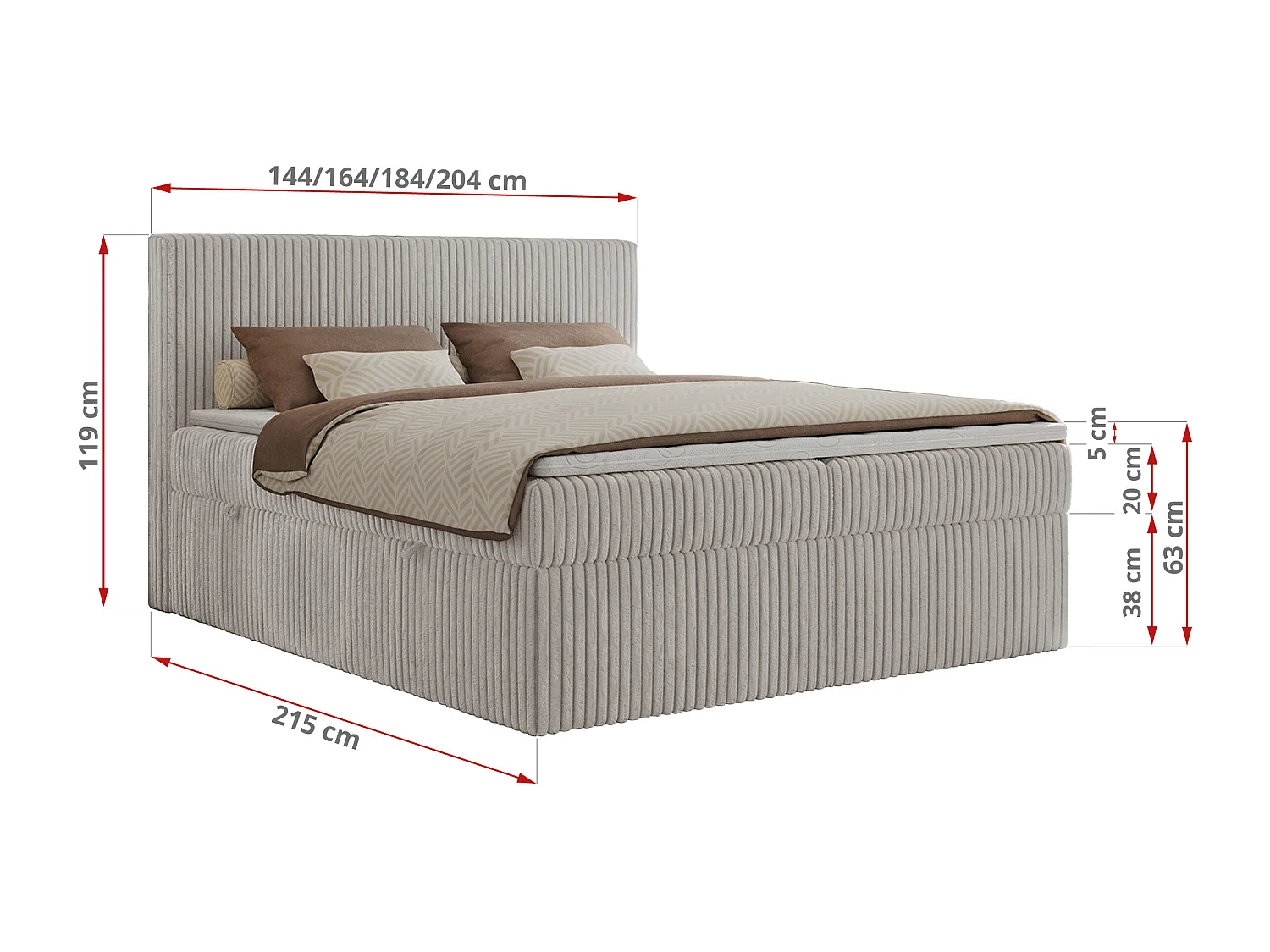 Boxspringbett TILIANO mit Kopfteil und zwei Bettkästen, Cord Bett - 200x200 cm - H3 - Hellgrau Cord