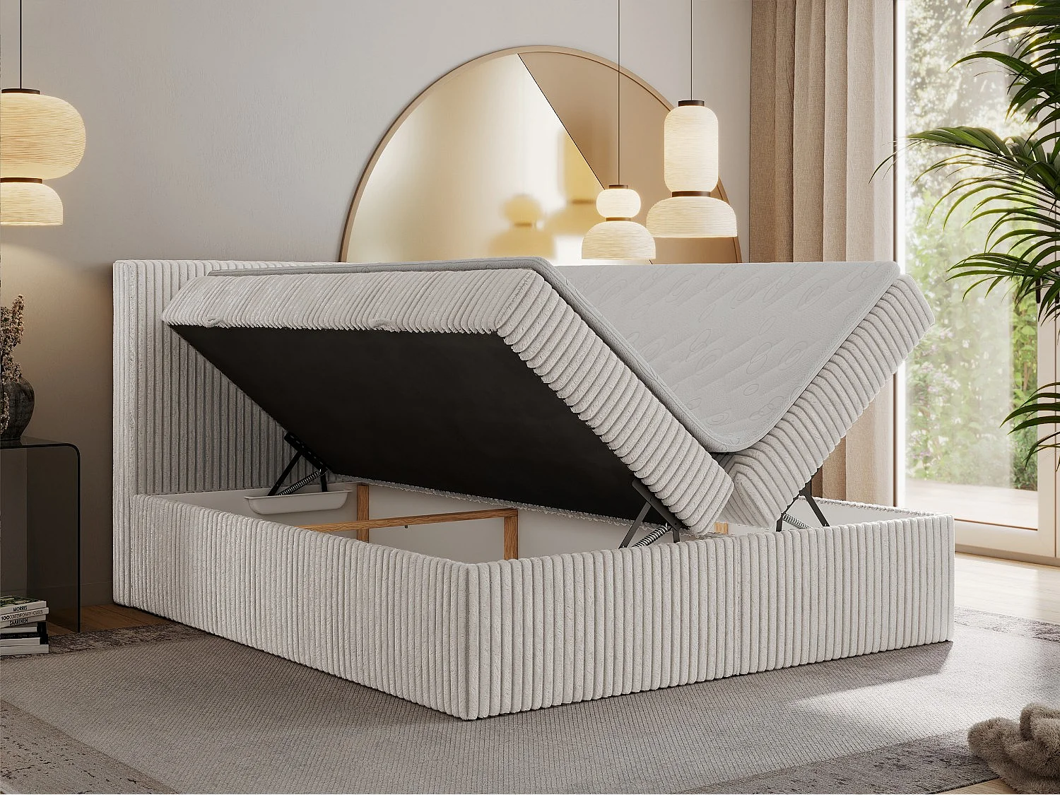 Boxspringbett TILIANO mit Kopfteil und zwei Bettkästen, Cord Bett - 160x200 cm - H4 - Hellgrau Cord