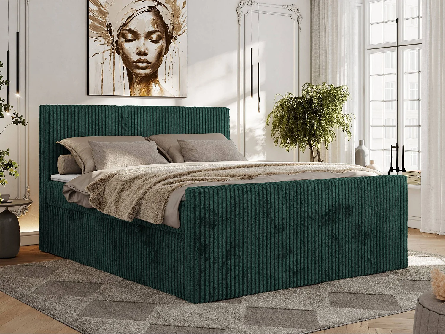 Boxspringbett TILIANO DUO mit gepolstertem Fußteil, Cord Bett, Multipocket-Matratze - 200x200 cm - H3 - Dunkelgrün Cord