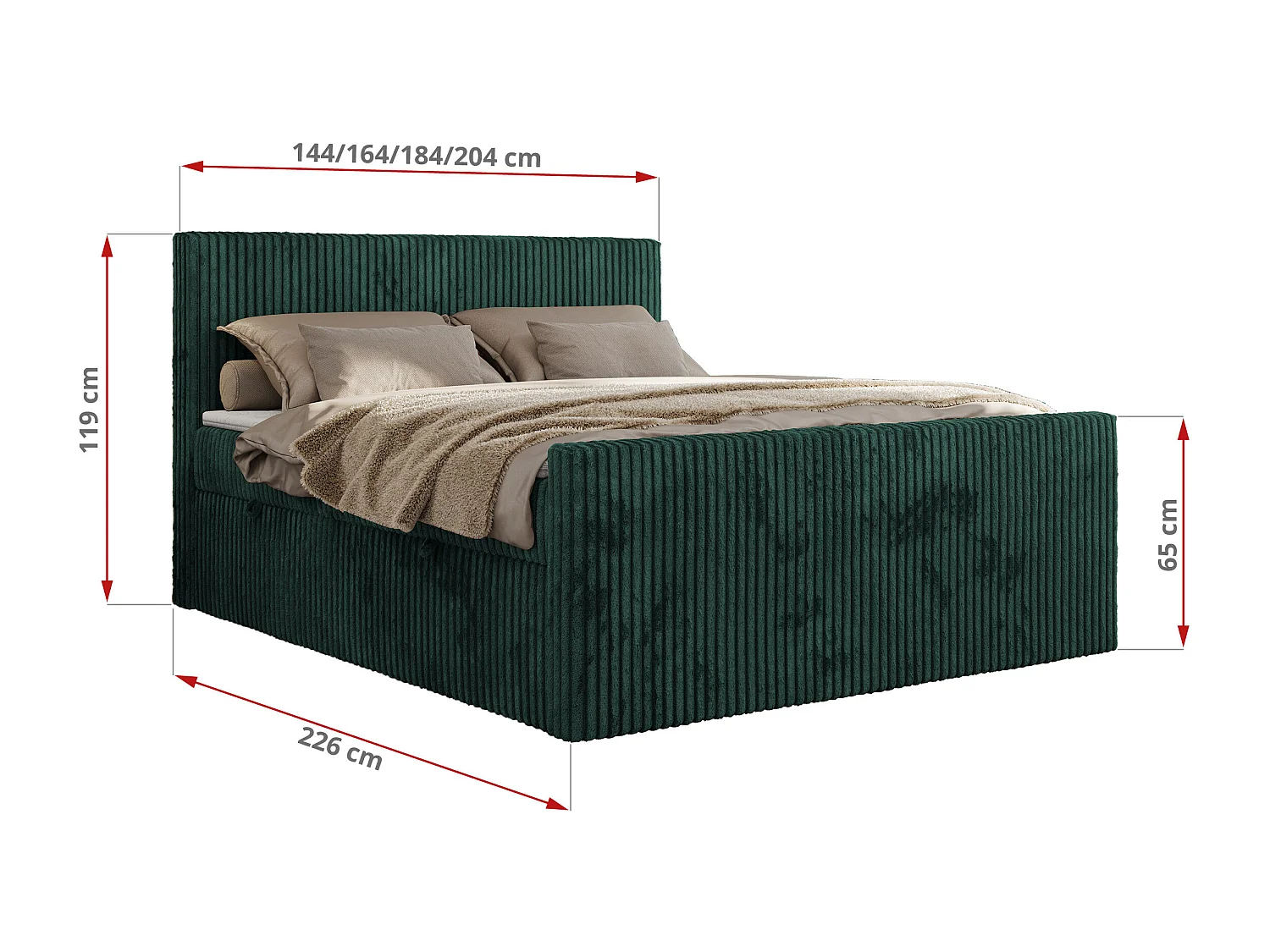 Boxspringbett TILIANO DUO mit gepolstertem Fußteil, Cord Bett, Multipocket-Matratze - 200x200 cm - H3 - Dunkelgrün Cord