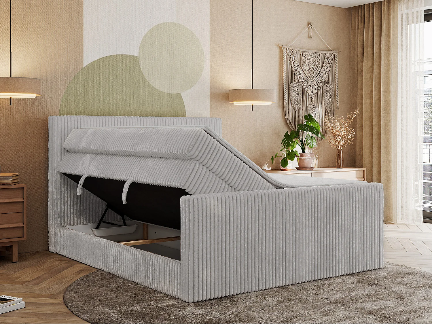 Boxspringbett TILIANO KING DUO, mit zwei Bettkästen, Cord Bett Multipocket-Matratze - 160x200 cm - H4 - Hellgrau Cord