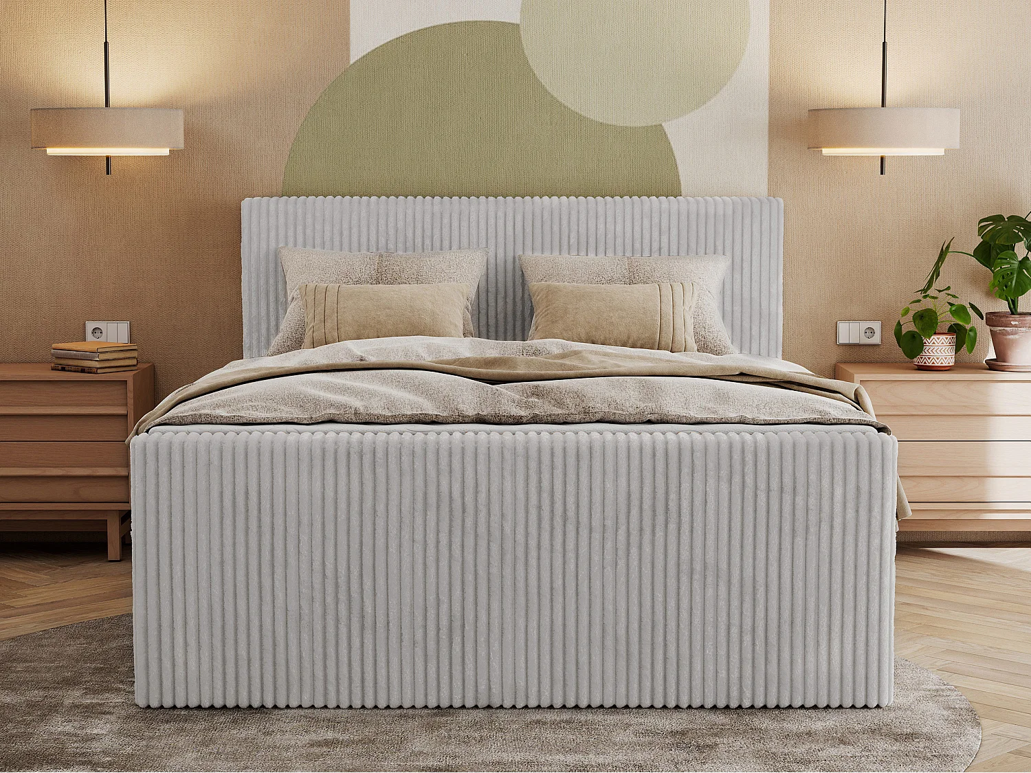 Boxspringbett TILIANO KING DUO, mit zwei Bettkästen, Cord Bett Multipocket-Matratze - 160x200 cm - H4 - Hellgrau Cord