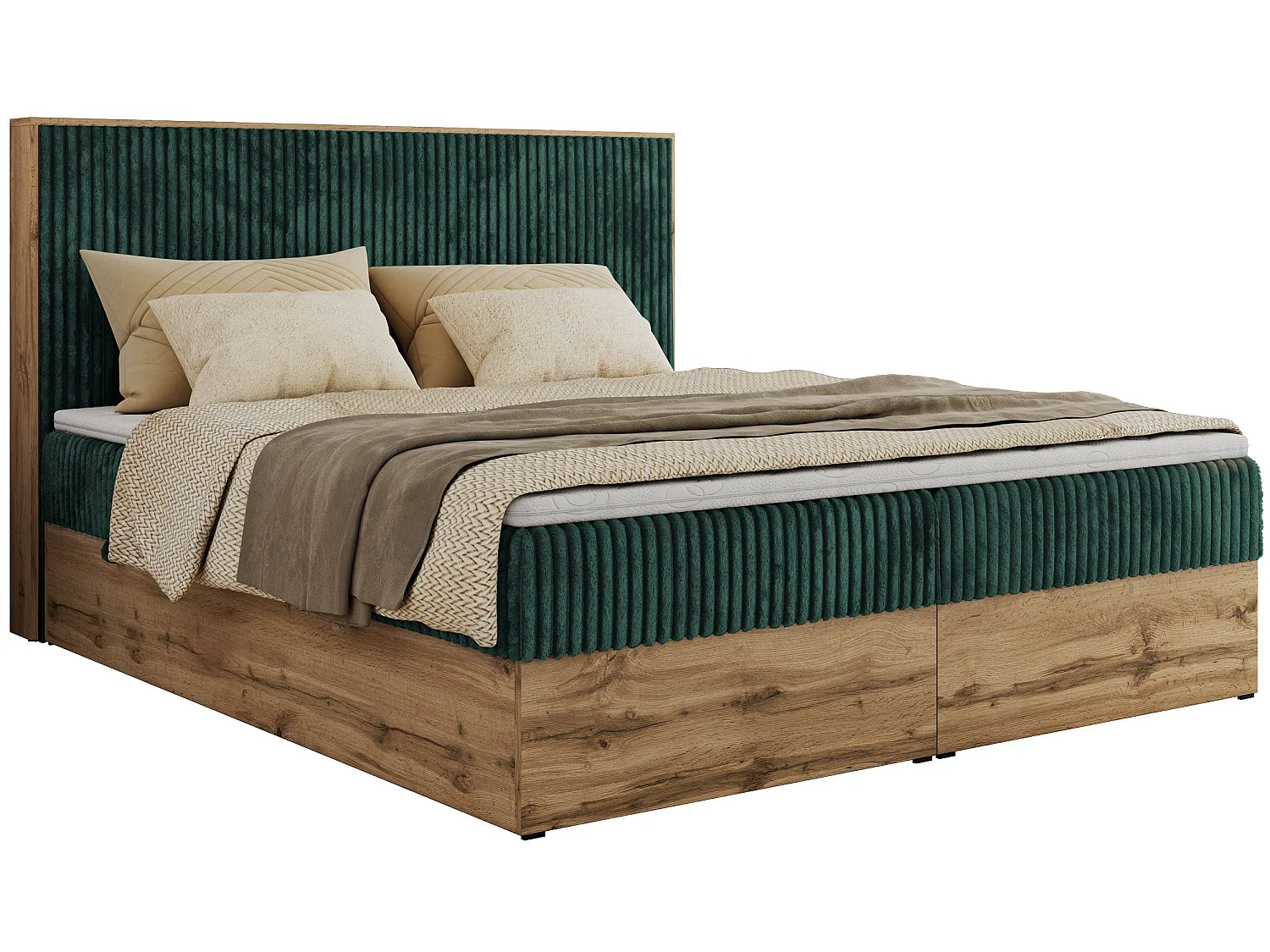 Boxspringbed met hoofdbord H3 + Topper T25 - Donkergroen Ribstof - 180x200 - WOOD CLASSIC