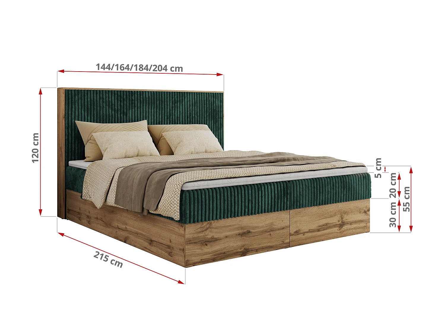 Boxspringbed met hoofdbord H3 + Topper T25 - Donkergroen Ribstof - 180x200 - WOOD CLASSIC