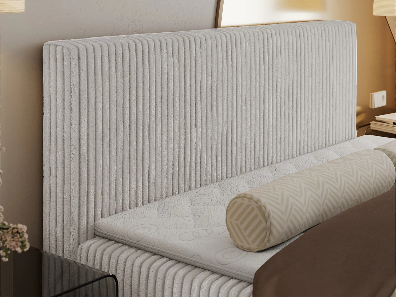 Boxspringbett TILIANO mit Kopfteil und zwei Bettkästen, Cord Bett - 140x200 cm - H4 - Hellgrau Cord