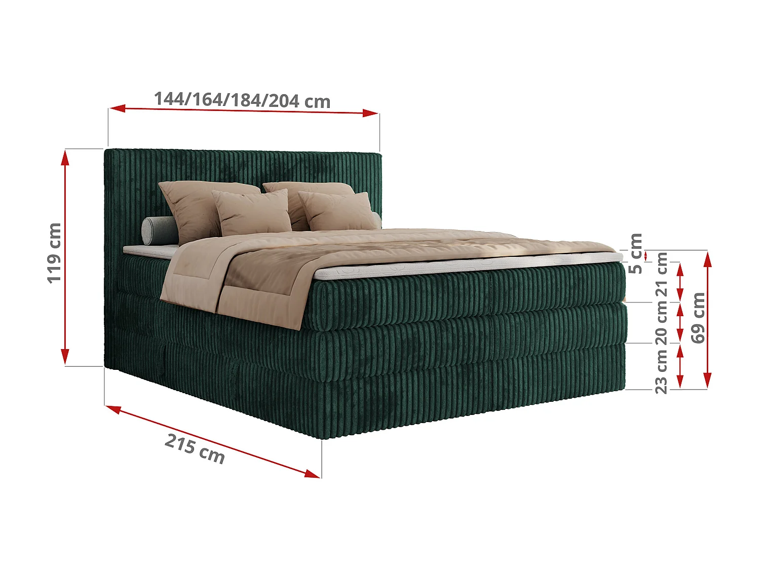 Boxspringbett TILIANO KING, Multipocket-Matratze, Cord Bett, Kopfteil und zwei Bettkästen - 200x200 cm - H3 - Dunkelgrün Cord