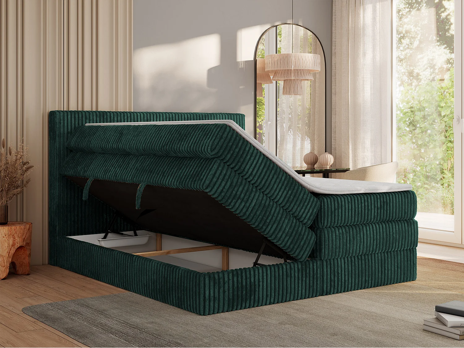 Boxspringbett TILIANO KING, Multipocket-Matratze, Cord Bett, Kopfteil und zwei Bettkästen - 200x200 cm - H4 - Dunkelgrün Cord