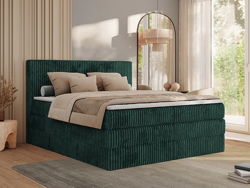 Boxspringbett TILIANO KING, Multipocket-Matratze, Cord Bett, Kopfteil und zwei Bettkästen - 200x200 cm - H4 - Dunkelgrün Cord