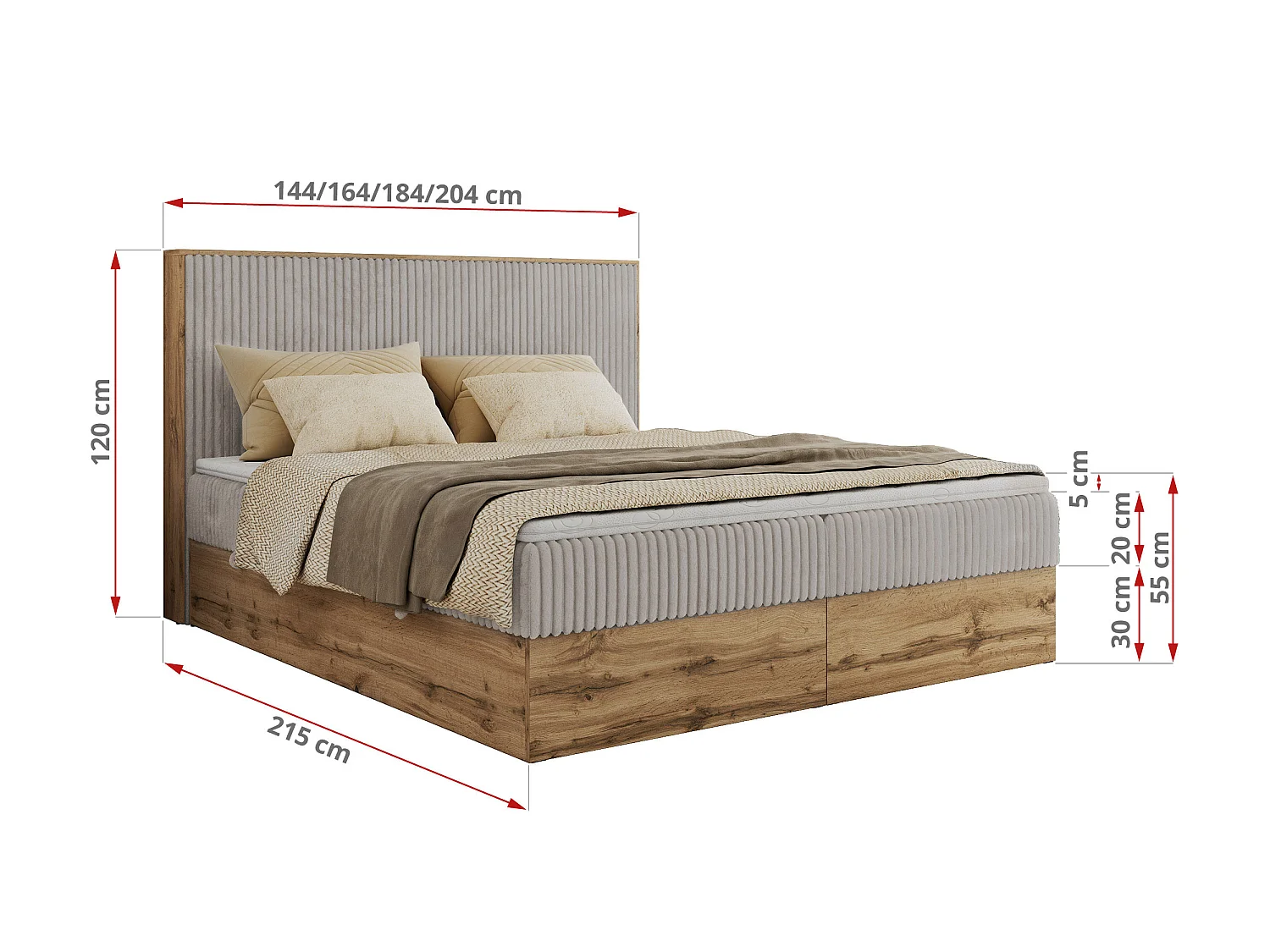 Boxspringbed met hoofdbord H3 + Topper T25 - Lichtgrijs Ribstof - 200x200 - WOOD CLASSIC