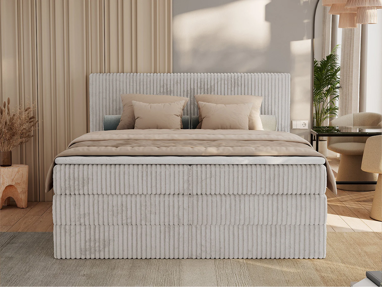 Boxspringbett TILIANO KING, Multipocket-Matratze, Cord Bett, Kopfteil und zwei Bettkästen - 140x200 cm - H4 - Hellgrau Cord