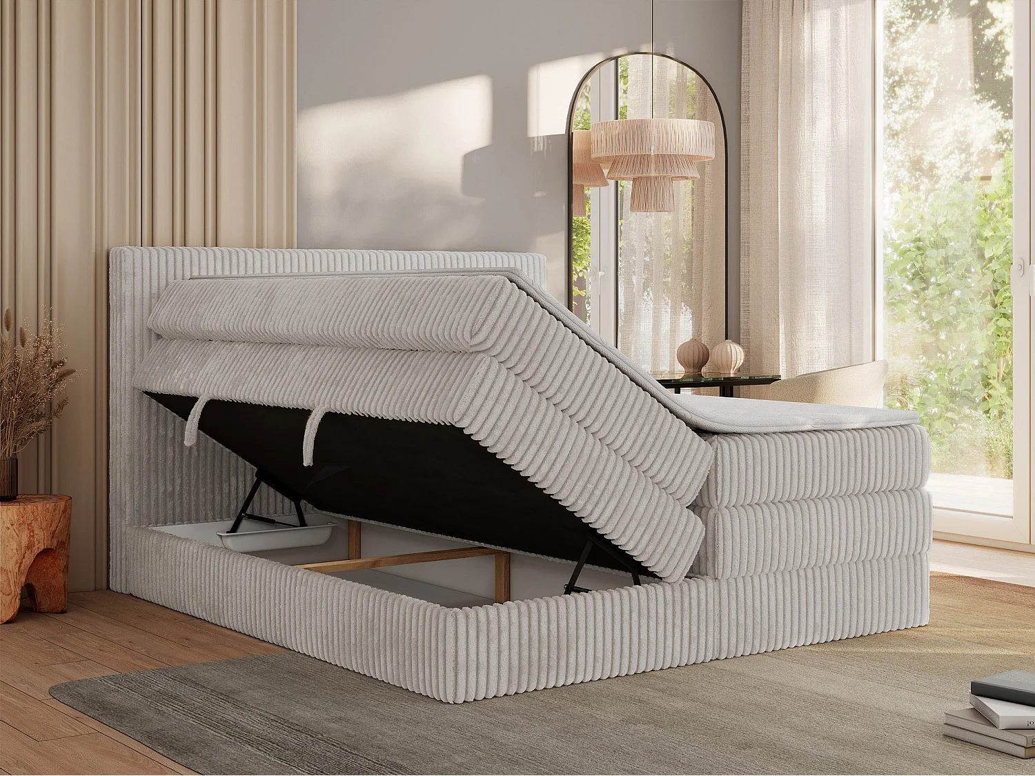 Boxspringbett TILIANO KING, Multipocket-Matratze, Cord Bett, Kopfteil und zwei Bettkästen - 140x200 cm - H4 - Hellgrau Cord