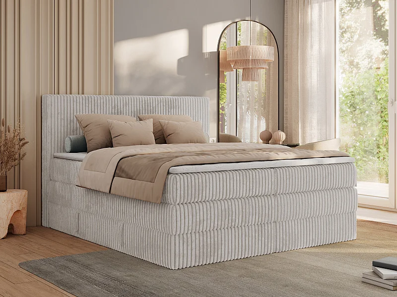 Boxspringbett TILIANO KING, Multipocket-Matratze, Cord Bett, Kopfteil und zwei Bettkästen - 140x200 cm - H4 - Hellgrau Cord