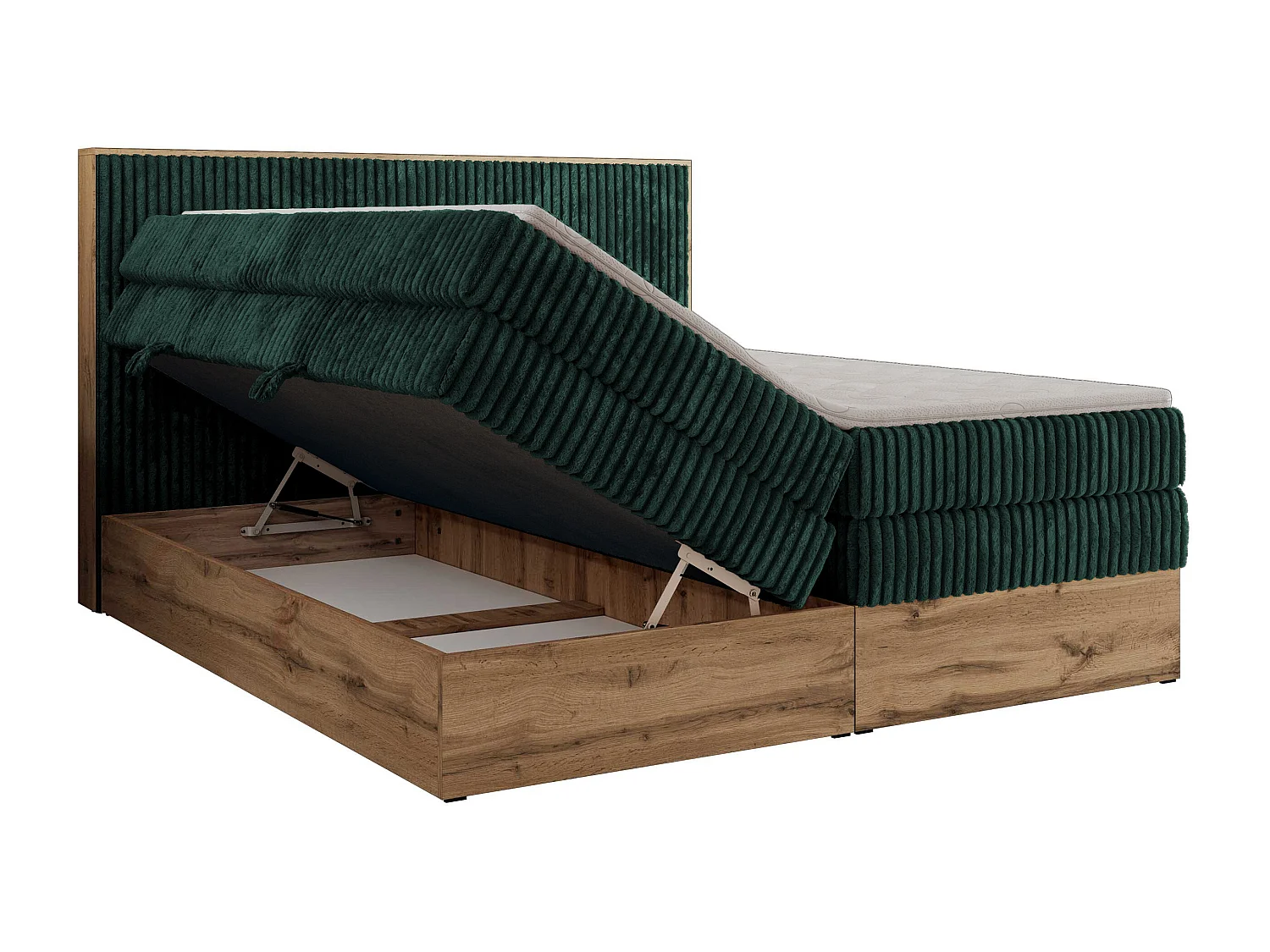 Boxspringbett WOOD CLASSIC KING - Polsterbett mit hohe Kopfteil, zwei Multipocket-Matratze, Bettkästen - 160x200 cm - H4 - Dunkelgrün Cord