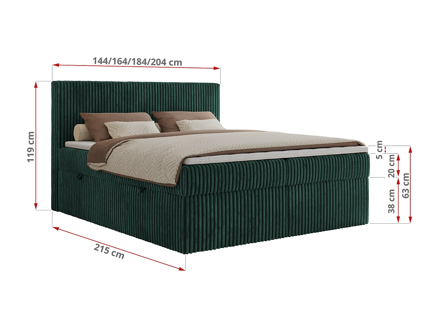 Boxspringbett TILIANO mit Kopfteil und zwei Bettkästen, Cord Bett - 200x200 cm - H3 - Dunkelgrün Cord