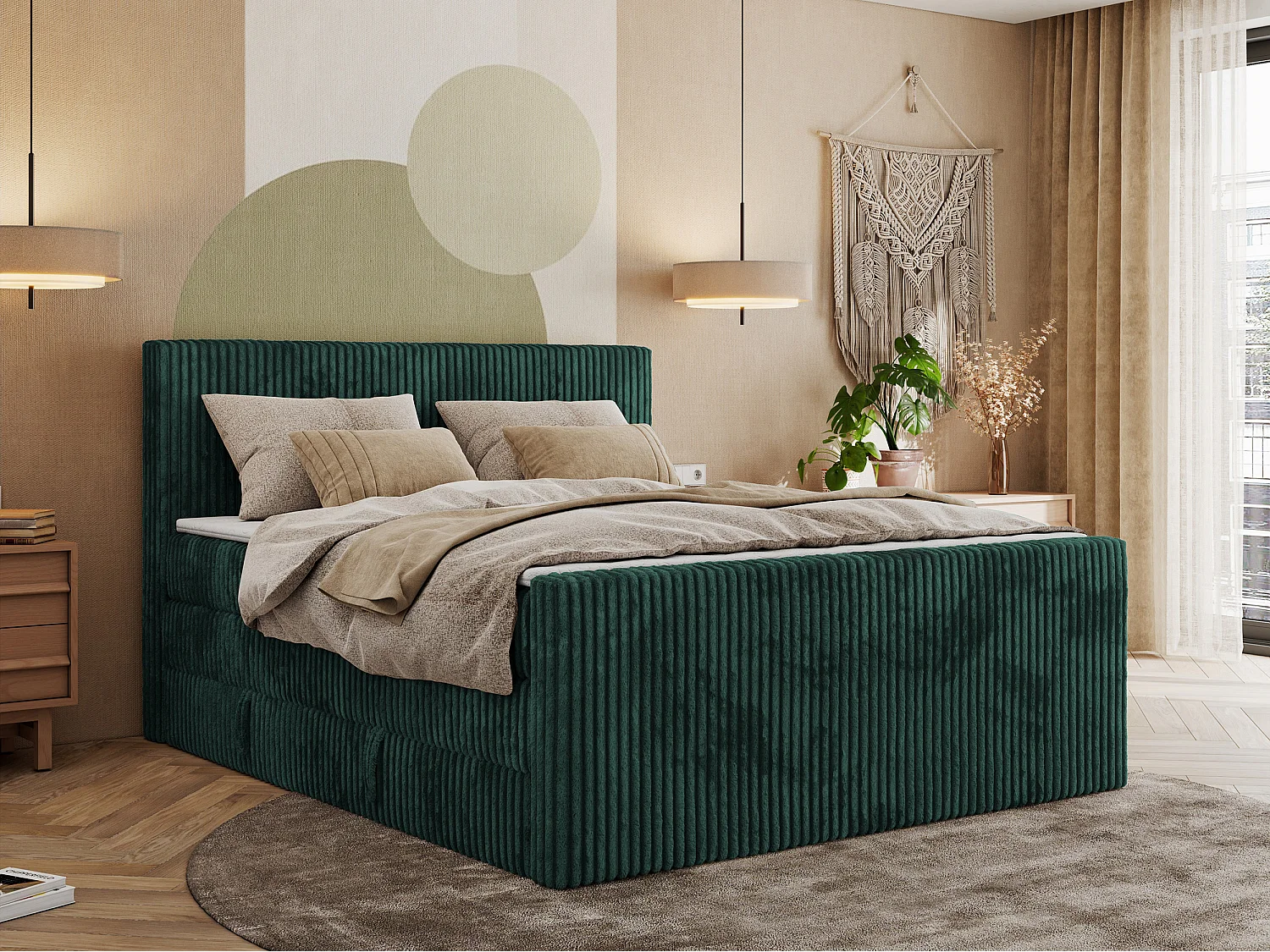 Boxspringbett TILIANO KING DUO, mit zwei Bettkästen, Cord Bett Multipocket-Matratze - 160x200 cm - H3 - Dunkelgrün Cord