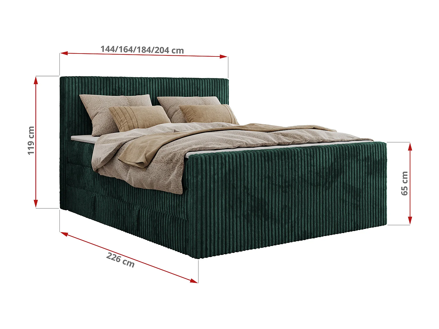Boxspringbett TILIANO KING DUO, mit zwei Bettkästen, Cord Bett Multipocket-Matratze - 160x200 cm - H3 - Dunkelgrün Cord