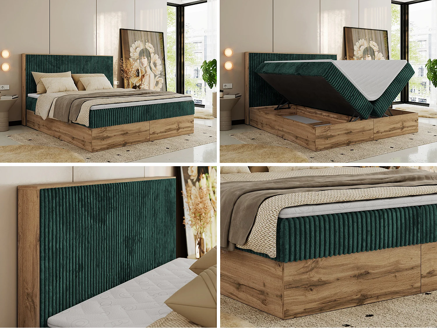 Boxspringbett WOOD CLASSIC - Doppelbett für Schlafzimmer, Set mit Multipocket-Matratze, Holzrahmen - 200x200 cm - H4 - Dunkelgrün Cord