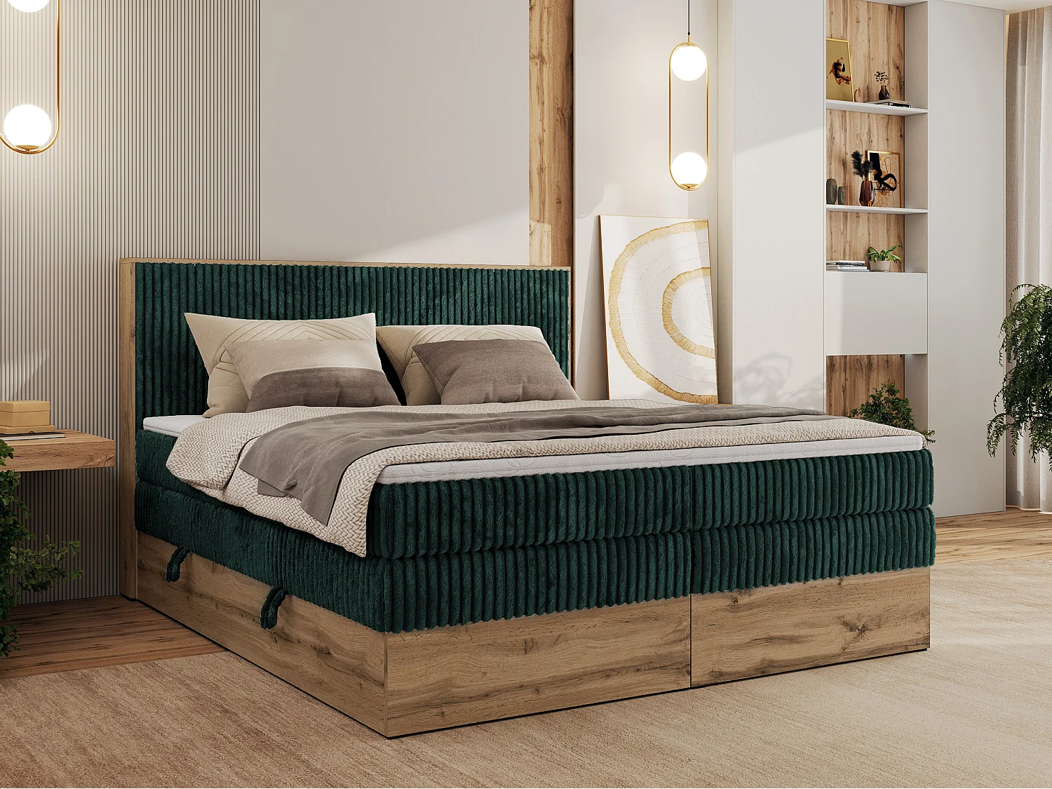 Boxspringbett WOOD CLASSIC KING - Polsterbett mit hohe Kopfteil, zwei Multipocket-Matratze, Bettkästen - 200x200 cm - H4 - Dunkelgrün Cord