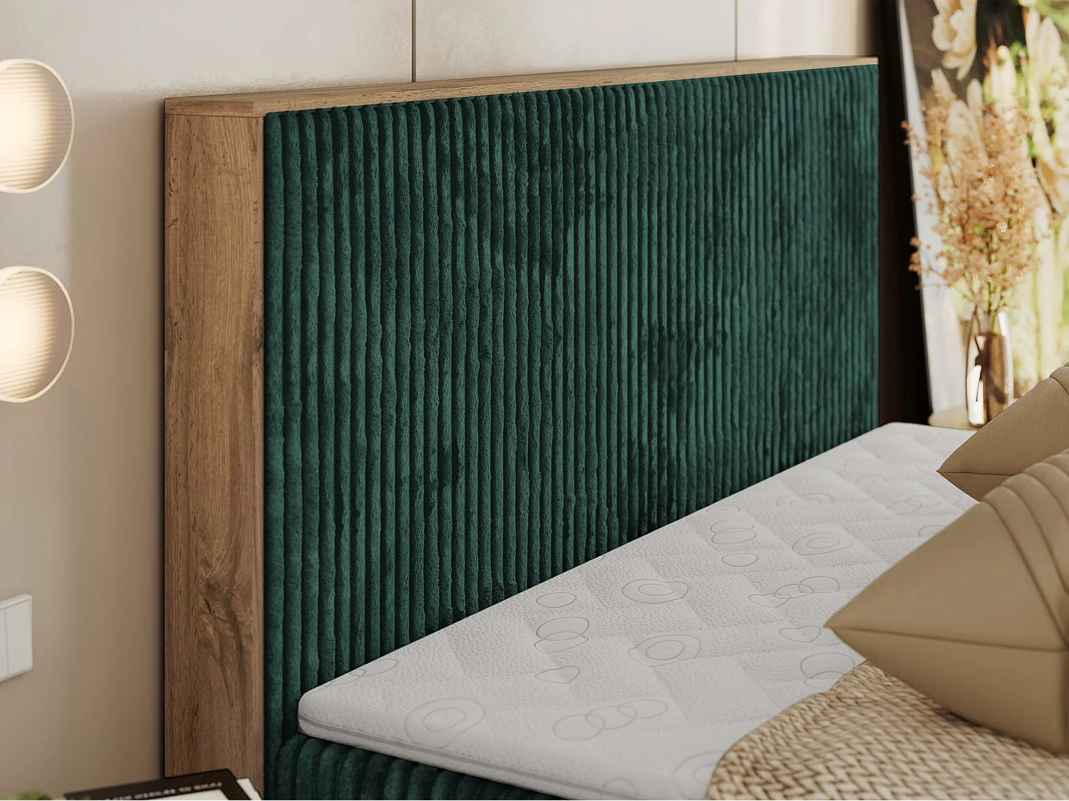 Boxspringbett WOOD CLASSIC - Doppelbett für Schlafzimmer, Set mit Multipocket-Matratze, Holzrahmen - 160x200 cm - H3 - Dunkelgrün Cord